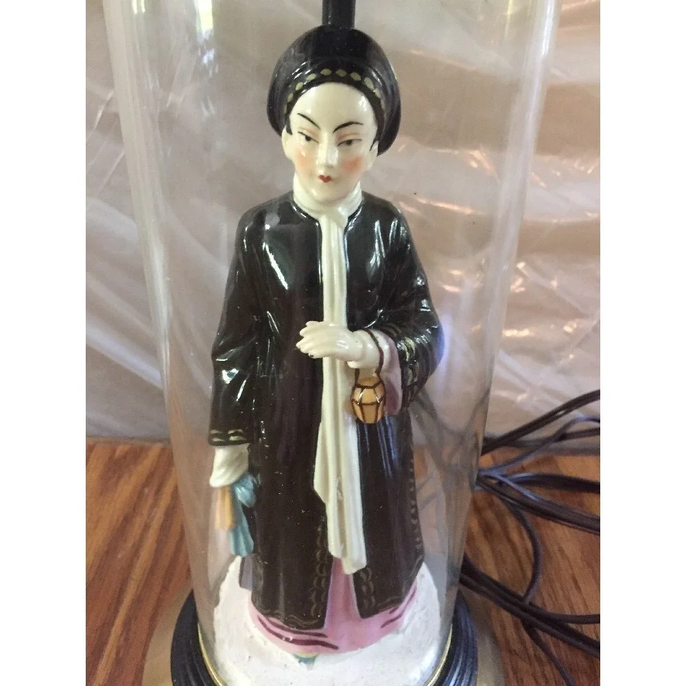 Vintage 70s Porcelain Figural Asian Woman Table Lamp Clear Plastic‎ Sleeve 25
